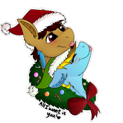 Size: 2000x2000 | Tagged: safe, artist:decemberbreeze, derpibooru import, oc, oc only, oc:blitz shadow, oc:lucky bolt, earth pony, pegasus, pony, :p, bow, christmas, commission, couple, duo, hat, holiday, married couple, santa hat, shipping, simple background, snuggling, tongue, tongue out, transparent background, wreath, ych result