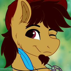 Size: 800x800 | Tagged: safe, artist:decemberbreeze, derpibooru import, oc, oc only, oc:blitz shadow, earth pony, pony, beard, brown coat, brown mane, bust, ear fluff, ears, facial hair, feather, hat, icon, jewelry, male, necklace, pentagram, raffle prize, red eyes, signature, solo, stallion