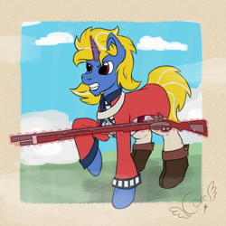 Size: 2000x2000 | Tagged: safe, artist:corecarnitine, derpibooru import, oc, oc only, oc:solidshot, pony, unicorn, clothes, gun, horn, magic, magic aura, male, musket, red coat, rifle, solo, solo male, telekinesis, uniform, weapon