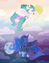 Size: 3300x4200 | Tagged: safe, artist:annuthecatgirl, derpibooru import, princess celestia, princess luna, alicorn, pony, g4, cloud, duo, eyes closed, female, flying, mare, redraw, royal sisters, siblings, simple background, sisters, sky, smiling