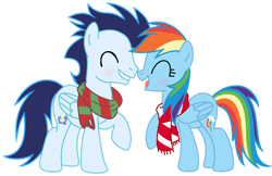 Size: 1280x827 | Tagged: safe, artist:soarindasher10, derpibooru import, rainbow dash, soarin', pegasus, pony, blushing, clothes, eyes closed, female, male, mare, scarf, shipping, simple background, smiling, soarindash, stallion, straight, transparent background