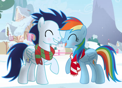 Size: 1280x923 | Tagged: safe, artist:soarindasher10, derpibooru import, rainbow dash, soarin', pegasus, pony, blushing, clothes, cute, dashabetes, eyes closed, female, heartwarming, male, mare, rainbow dash is best pony, romantic, scarf, shipping, smiling, soarinbetes, soarindash, stallion, straight, sweet dreams fuel