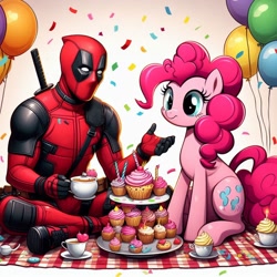 Size: 1024x1024 | Tagged: safe, ai content, derpibooru import, machine learning generated, pinkie pie, earth pony, human, g4, adorkable, balloon, confetti, cupcake, cute, deadpool, diapinkes, dork, female, food, katana, marvel, prompter:bluey2309, sassapinkes, sword, warriors, weapon, yummy