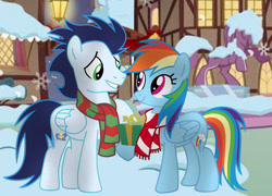 Size: 1280x923 | Tagged: safe, artist:soarindasher10, derpibooru import, rainbow dash, soarin', pegasus, pony, clothes, cute, dashabetes, female, heartwarming, male, mare, present, rainbow dash is best pony, romantic, scarf, shipping, soarinbetes, soarindash, stallion, straight, striped scarf, sweet dreams fuel