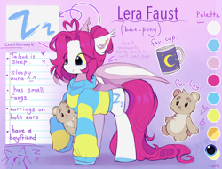 Size: 2278x1730 | Tagged: safe, artist:lerk, derpibooru import, oc, oc only, oc:lerk, bat pony, pony, ahoge, bat pony oc, bat wings, clothes, colored sclera, ear fluff, ear piercing, ear tufts, earring, ears, eye clipping through hair, female, heart ahoge, jewelry, mare, mug, partially open wings, piercing, plushie, reference sheet, solo, sweater, teddy bear, wings, yellow sclera