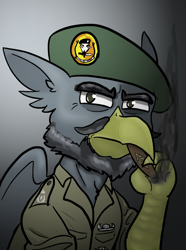 Size: 624x840 | Tagged: safe, artist:notoriousnostalgia, derpibooru import, oc, oc only, oc:theodor mistfeather, griffon, equestria at war mod, beak, beard, bust, cigarette, clothes, digital art, facial hair, folded wings, gradient background, griffon oc, hat, looking at you, male, military, military uniform, moustache, new characters for equestria at war, new characters for equestria at war mod, portrait, serious, serious face, shirt, smoking, solo, uniform, wings