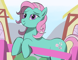 Size: 3300x2550 | Tagged: safe, anonymous artist, derpibooru import, minty, earth pony, pony, g3, g4, building, flank, g3 to g4, generation leap, outdoors, ponyville, shading, smiling, town