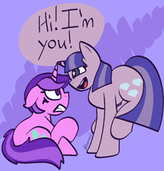 Size: 714x745 | Tagged: safe, artist:kharmacal, derpibooru import, amethyst star, sparkler, pony, unicorn, g4, abstract background, bipedal, caption, ears back, horn, horns are touching, image macro, irrational exuberance, personal space invasion, self paradox, self ponidox, smiling, speech bubble, text, wingding eyes