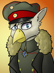 Size: 624x840 | Tagged: safe, artist:notoriousnostalgia, derpibooru import, oc, oc only, oc:erika grimplume, griffon, equestria at war mod, beak, blue eyes, bust, clothes, digital art, female, folded wings, gradient background, griffon oc, hat, iron cross, looking at you, medal, military, military uniform, new characters for equestria at war, new characters for equestria at war mod, peaked cap, portrait, smiling, smiling at you, solo, uniform, wings