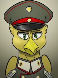 Size: 624x840 | Tagged: safe, artist:notoriousnostalgia, derpibooru import, oc, oc only, oc:fritz ebonbeak, griffon, equestria at war mod, beak, bust, cap, clothes, digital art, folded wings, gradient background, griffon oc, hat, looking at you, male, military, military uniform, new characters for equestria at war, new characters for equestria at war mod, peaked cap, portrait, solo, uniform, wings