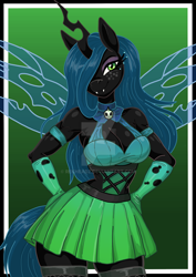 Size: 1024x1449 | Tagged: safe, artist:rekheadz, derpibooru import, queen chrysalis, anthro, changeling, changeling queen, g4, bedroom eyes, breasts, cleavage, clothes, deviantart watermark, female, freckles, gradient background, hair over one eye, hand on hip, obtrusive watermark, queen chrysaltits, skirt, smiling, solo, watermark