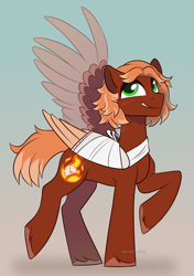 Size: 2039x2894 | Tagged: safe, artist:marsel1nushka, derpibooru import, oc, oc only, oc:golden flare, pegasus, pony, bandage, bandaged wing, pegasus oc, solo, wings