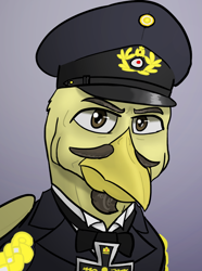 Size: 624x840 | Tagged: safe, artist:notoriousnostalgia, derpibooru import, oc, oc only, oc:cornelius raincrest, griffon, equestria at war mod, beak, beard, bowtie, bust, clothes, digital art, facial hair, folded wings, gradient background, griffon oc, hat, iron cross, looking at you, male, military, military uniform, moustache, new characters for equestria at war, new characters for equestria at war mod, peaked cap, portrait, serious, serious face, solo, uniform, wings