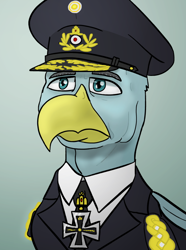 Size: 624x840 | Tagged: safe, artist:notoriousnostalgia, derpibooru import, oc, oc only, oc:karl stormfeather, griffon, equestria at war mod, beak, bust, clothes, digital art, folded wings, gradient background, griffon oc, hat, iron cross, male, medal, military, military uniform, necktie, new characters for equestria at war, new characters for equestria at war mod, peaked cap, portrait, solo, uniform, wings