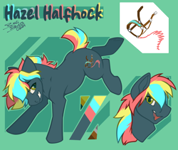 Size: 1366x1155 | Tagged: safe, artist:bagelbytes, derpibooru import, oc, oc only, oc:hazel halfhock, earth pony, pony, abstract background, bronco buster, bucking, color palette, grin, hazel eyes, reference sheet, signature, smiling, three toned mane, three toned tail