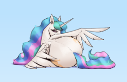 Size: 3100x2000 | Tagged: safe, artist:aquaticvibes, derpibooru import, princess celestia, alicorn, pony, g4, blue background, both cutie marks, butt, butt focus, female, large butt, lidded eyes, looking at you, looking back, looking back at you, lying down, mare, plot, praise the sun, simple background, solo, spine, spread wings, sunbutt, wings