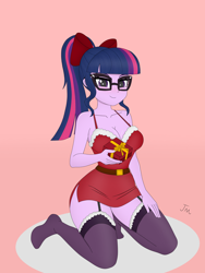 Size: 3072x4096 | Tagged: safe, artist:ticonderoka, derpibooru import, sci-twi, twilight sparkle, human, equestria girls, g4, bow, breasts, busty sci-twi, christmas, christmas outfit, cleavage, clothes, costume, feet, female, glasses, hair bow, headlight sparkle, high res, holiday, kneeling, looking at you, present, santa costume, schrödinger's pantsu, sexy, sexy santa costume, signature, smiling, smiling at you, socks, solo, stocking feet, stockings, thigh highs