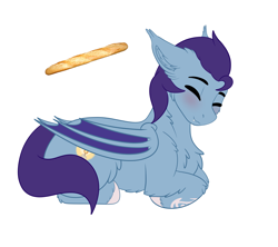 Size: 4500x4000 | Tagged: safe, artist:decemberbreeze, derpibooru import, oc, oc only, oc:wax n' wane, bat pony, pony, baguette, bat pony oc, bread, commission, food, lying down, male, ponyloaf, prone, simple background, solo, stallion, transparent background, ych result