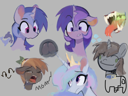 Size: 2048x1536 | Tagged: safe, artist:unclechai, derpibooru import, amethyst star, button mash, princess celestia, sea swirl, seafoam, sparkler, oc, oc:littlepip, alicorn, earth pony, pony, unicorn, fallout equestria, g4, confused, crying, derp, drool, female, frog (hoof), gray background, horn, looking at something, male, mare, open mouth, owo, simple background, speedpaint, tongue, tongue out, underhoof