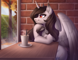 Size: 2596x1980 | Tagged: safe, artist:sparkling_light, derpibooru import, oc, oc only, oc:enigma, alicorn, pony, brick wall, cup, female, hedge, horn, solo, spread wings, table, tree, wings