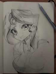 Size: 1536x2048 | Tagged: safe, artist:broni, derpibooru import, sunset shimmer, human, equestria girls, g4, cute, monochrome, pencil, pencil drawing, photo, shimmerbetes, sketch, sketchbook, solo, traditional art