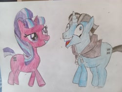 Size: 4096x3072 | Tagged: safe, artist:victoric1993, derpibooru import, party favor, starlight glimmer, pony, unicorn, g4, the cutie map, colored pencil drawing, derp, equal cutie mark, exploitable meme, female, high res, horn, i didn't listen, image macro, male, mare, meme, my little pony: friendship is magic, scene interpretation, smiling, stallion, traditional art