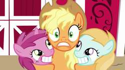 Size: 1279x719 | Tagged: safe, derpibooru import, screencap, applejack, ruby pinch, earth pony, pony, unicorn, fame and misfortune, g4, female, filly, foal, frown, grin, gritted teeth, horn, mare, messy mane, my little pony: friendship is magic, outdoors, rosy gold, smiling, teeth, trio