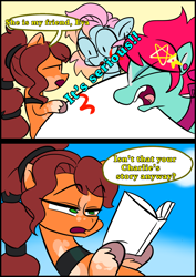 Size: 1240x1754 | Tagged: safe, artist:jully-park, derpibooru import, oc, oc:charlotte parker, oc:eva marshall, oc:kelly clark, earth pony, pony, comic:how i meet my chaotic friends, book, comic