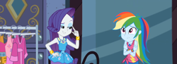 Size: 2983x1080 | Tagged: safe, derpibooru import, edit, edited screencap, screencap, rainbow dash, rarity, human, better together, equestria girls, g4, street chic, bare shoulders, bracelet, clothes, clothes rack, composite screencap, dress, duo, duo female, eyeshadow, female, geode of shielding, geode of super speed, hand on hip, indoors, jewelry, magical geodes, makeup, rarity peplum dress, sleeveless, sleeveless dress