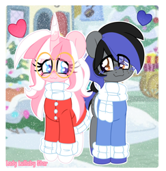 Size: 1946x2000 | Tagged: safe, artist:ladylullabystar, derpibooru import, oc, oc only, oc:blue streak, oc:lady lullaby star, earth pony, pony, unicorn, clothes, female, glasses, heart, horn, male, mare, scarf, stallion