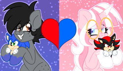 Size: 2279x1320 | Tagged: safe, artist:ladylullabystar, derpibooru import, oc, oc only, oc:blue streak, oc:lady lullaby star, earth pony, pony, unicorn, female, glasses, heart, horn, male, mare, plushie, shadow the hedgehog, sonic the hedgehog, sonic the hedgehog (series), stallion