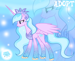 Size: 1280x1046 | Tagged: safe, artist:vi45, derpibooru import, oc, oc only, alicorn, pony, adoptable, alicorn oc, base used, blue eyes, blue mane, blue tail, crown, ethereal mane, eyelashes, female, female oc, gradient background, gradient legs, horn, jewelry, leg markings, long horn, long mane, long tail, mare, mare oc, partially open wings, peytral, pink coat, profile, regalia, slender, smiling, solo, sparkles, sparkly mane, sparkly tail, speckled, standing, starry mane, starry tail, tail, thin, two toned mane, two toned tail, unicorn horn, unshorn fetlocks, wavy mane, wavy tail, wings, yellow hooves, zoom layer