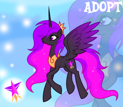 Size: 1280x1113 | Tagged: safe, artist:vi45, derpibooru import, oc, oc only, alicorn, pony, adoptable, alicorn oc, base used, colored wings, colored wingtips, crown, ethereal mane, eyelashes, female, female oc, gradient background, gradient mane, gradient tail, gradient wings, gradient wingtips, horn, jewelry, long mane, long tail, mare, mare oc, peytral, pink mane, pink tail, profile, purple coat, purple eyes, purple wingtips, regalia, smiling, solo, sparkles, sparkly mane, sparkly tail, starry mane, starry tail, tail, two toned mane, two toned tail, two toned wings, unicorn horn, wavy mane, wavy tail, wings, zoom layer