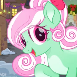 Size: 1780x1780 | Tagged: safe, artist:lovinglypromise, derpibooru import, minty, earth pony, pony, g3, g4, alternate design, bell, bow, building, christmas wreath, cute, eye clipping through hair, female, g3 to g4, generation leap, looking at you, mare, mintabetes, open mouth, open smile, outdoors, raised hoof, raised leg, signature, smiling, smiling at you, snow, solo, town, wreath