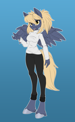 Size: 2995x4900 | Tagged: safe, artist:shusha, derpibooru import, oc, oc only, oc:pixi feather, anthro, pegasus, unguligrade anthro, clothes, golden eyes, gradient background, hooves, looking at you, pegasus oc, smiling, wings