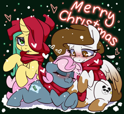 Size: 1528x1400 | Tagged: safe, artist:lou, derpibooru import, oc, oc:dusty star major, oc:juicy dream, oc:peach fuzz, christmas, holiday