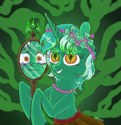 Size: 1700x1758 | Tagged: safe, artist:dacratei, derpibooru import, lyra heartstrings, pony, unicorn, g4, crying, flower, flower in hair, headband, horn, jewelry, mirror, necklace