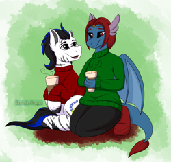 Size: 2649x2500 | Tagged: safe, artist:decemberbreeze, derpibooru import, oc, oc only, oc:louie hooferson, oc:milady, dragon, zebra, clothes, coffee cup, commission, commissioner:legionofblues, cup, dragon oc, male, non-pony oc, stallion, stallion oc, sweater, wings, zebra oc