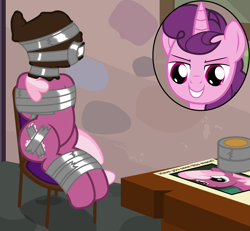 Size: 2000x1851 | Tagged: safe, artist:cardshark777, derpibooru import, cheerilee, sugar belle, earth pony, pony, unicorn, g4, bag, bag on head, bondage, bound and gagged, bust, chair, cheerileesub, curtains, cutiemarking, digital art, duo, female, gag, helpless, horn, kidnapped, looking down, mare, missing poster, paper, picture, portrait, sitting, sugardom, table, tape, tape bondage, tape gag, tied up, window