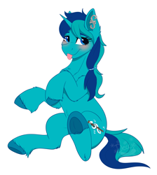 Size: 2551x2848 | Tagged: safe, artist:decemberbreeze, derpibooru import, oc, oc only, oc:rocky blues, oc:roxyanne lullaby, pony, unicorn, :p, commission, commissioner:legionofblues, female, frog (hoof), horn, mare, mare oc, ponytail, rule 63, sitting, tongue, tongue out, underhoof, unicorn oc, unshorn fetlocks