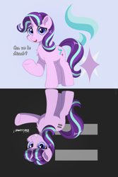 Size: 2000x3000 | Tagged: safe, artist:mercurysparkle, derpibooru import, starlight glimmer, pony, unicorn, g4, cheek fluff, chest fluff, cutie mark background, dialogue, duality, ear fluff, ears, equal cutie mark, evil smile, female, grin, high res, hock fluff, horn, looking at you, mare, open mouth, open smile, raised hoof, raised leg, s5 starlight, self paradox, self ponidox, smiling, underhoof, upside down