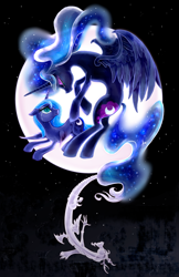 Size: 1520x2340 | Tagged: safe, artist:ladyamaltea, artist:purpuraimperial, derpibooru import, discord, nightmare moon, princess luna, alicorn, draconequus, pony, fanfic:if you came to conquer, g4, duality, equestrian stories 2024, fanfic art, female, full moon, looking at each other, looking at someone, male, mare, moon, s1 luna, teary eyes, trio