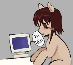 Size: 881x793 | Tagged: safe, artist:poniesinmyhead, derpibooru import, earth pony, pony, beige coat, computer, female, gray background, lain iwakura, mare, ponified, serial experiments lain, simple background, solo, species swap, tan coat