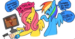 Size: 1066x564 | Tagged: safe, artist:poniesinmyhead, derpibooru import, fluttershy, rainbow dash, pegasus, pony, g4, computer, crying, dialogue, english, gaming, playing, roblox