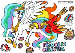 Size: 4588x3288 | Tagged: safe, artist:artistnjc, derpibooru import, philomena, princess celestia, alicorn, bird, phoenix, pony, g4, cake, cakelestia, character name, crown, donut, flying, food, happy, jewelry, pet, regalia, royalty, signature, simple background, spread wings, sun, traditional art, wings