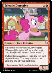 Size: 375x523 | Tagged: safe, derpibooru import, edit, pinkie pie, earth pony, g4, mmmystery on the friendship express, ccg, deerstalker, hat, magic the gathering, magnifying glass, my little pony: friendship is magic, sherlock pie, trading card, trading card edit, trading card game, train car