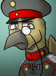 Size: 624x840 | Tagged: safe, artist:notoriousnostalgia, derpibooru import, oc, oc only, oc:konrad grimclaw, griffon, equestria at war mod, beak, bust, cap, clothes, digital art, folded wings, german, gradient background, griffon oc, hat, iron cross, looking at you, male, medal, military, military uniform, new characters for equestria at war, new characters for equestria at war mod, peaked cap, portrait, solo, uniform, wings