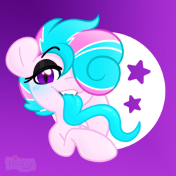 Size: 2360x2360 | Tagged: safe, artist:ninnydraws, derpibooru import, oc, oc only, oc:sweetie swirl, bat pony, blue blush, blue tongue, blushing, bust, commission, eyelashes, eyeshadow, fangs, femboy, long tongue, makeup, male, multicolored hair, solo, stallion, stars, tongue, tongue out