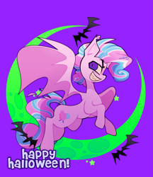 Size: 1645x1900 | Tagged: safe, artist:opossum-stuff, derpibooru import, oc, oc:sweetie swirl, bat, bat pony, bat pony oc, femboy, grin, looking at you, male, moon, multicolored hair, sharp teeth, smiling, solo, teeth, text