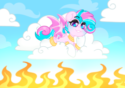 Size: 3508x2480 | Tagged: safe, artist:ninnydraws, derpibooru import, oc, oc only, oc:sweetie swirl, bat pony, bat pony oc, blue blush, blushing, clothes, cloud, cloudy, day, eyelashes, eyeshadow, femboy, fire, gold, long socks, looking down, lying down, makeup, male, outdoors, sky, socks, sparkle